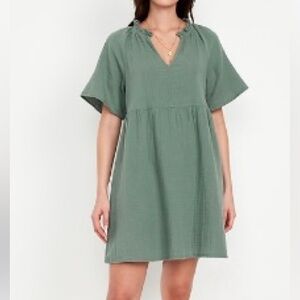 Old Navy Olive Green Split Neck Crinkle Gauze Mini Swing Dress
